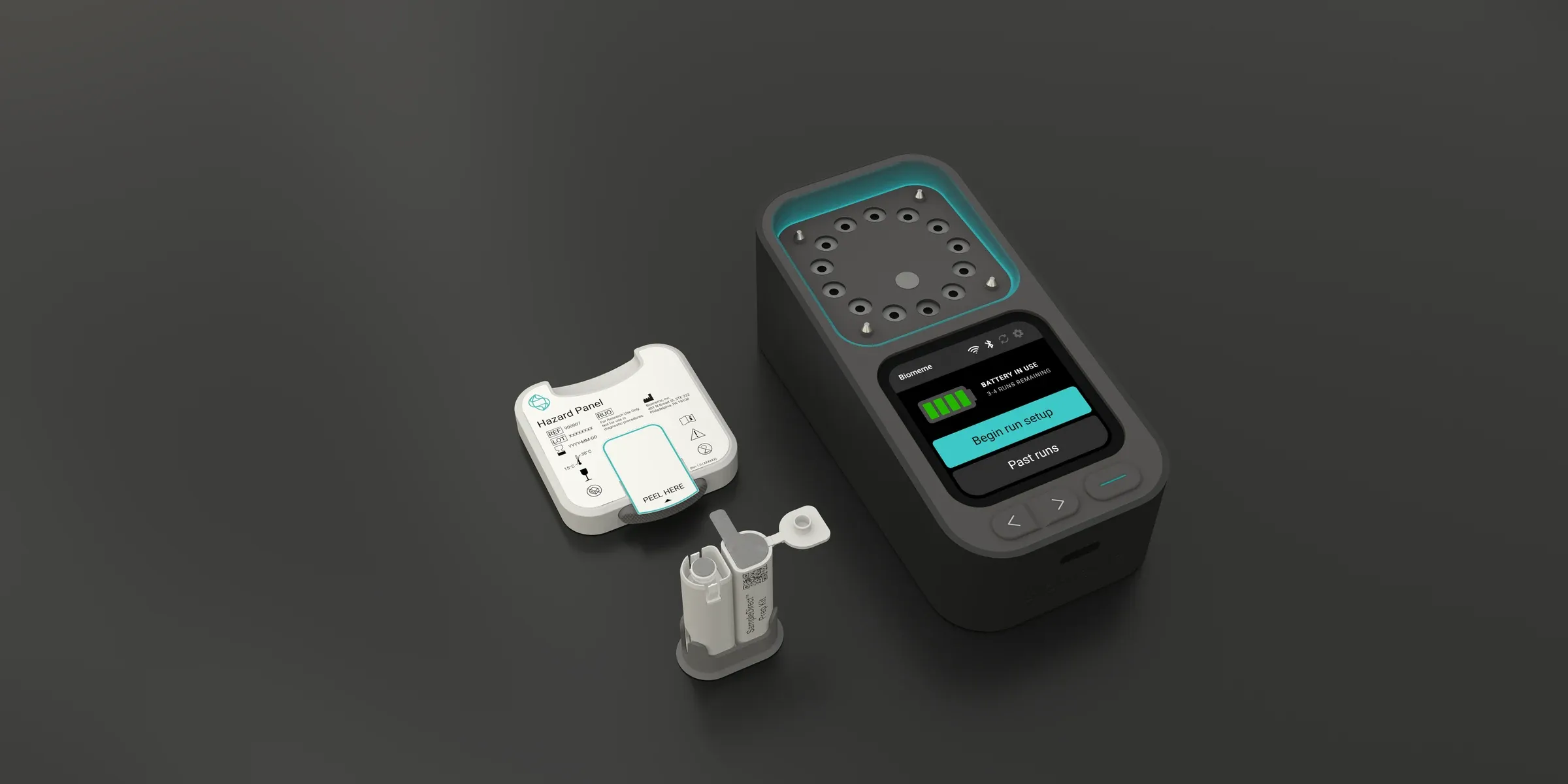 Biomeme/5 portable isothermal molecular detection platform with a Hazard Panel test cartridge and SampleDirect prep kit
